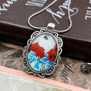 Red Poppy Floral Glass Oval Pendant Stainless Steel Necklace 18”